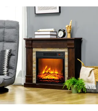 Chimenea Eléctrica 1800W Calentador de Chimenea con Efecto de Llama Mando a Distancia Temporizador 80x21,6x67,8cm Marrón