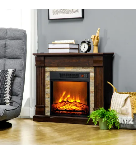 Chimenea Eléctrica 1800W Calentador de Chimenea con Efecto de Llama Mando a Distancia Temporizador 80x21,6x67,8cm Marrón