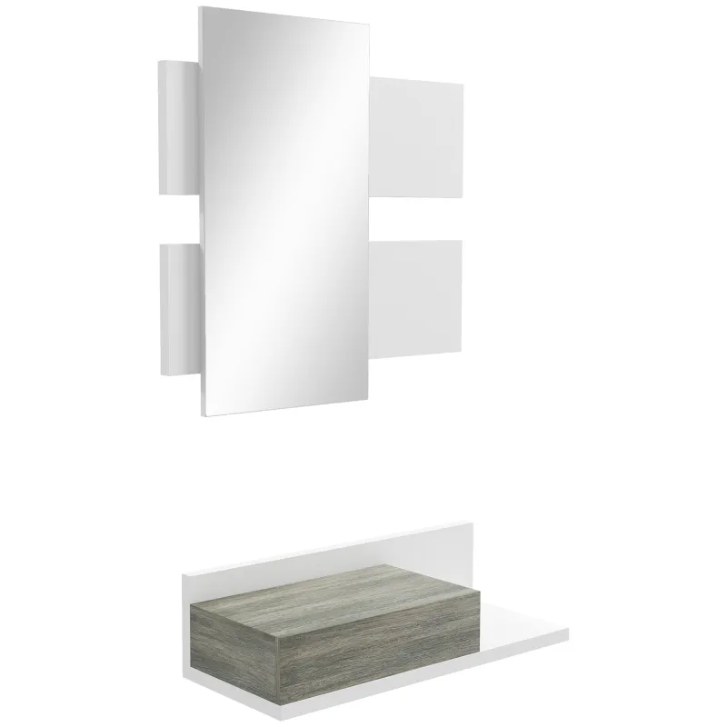 Juego de Muebles de Entrada Recibidor Colgante con Espejo y Cajón 75x3,5x75 cm y 75x30,5x20 cm Blanco y Gris