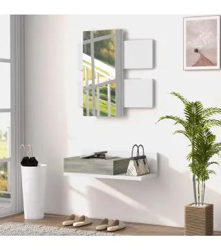 Juego de Muebles de Entrada Recibidor Colgante con Espejo y Cajón 75x3,5x75 cm y 75x30,5x20 cm Blanco y Gris