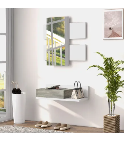 Juego de Muebles de Entrada Recibidor Colgante con Espejo y Cajón 75x3,5x75 cm y 75x30,5x20 cm Blanco y Gris
