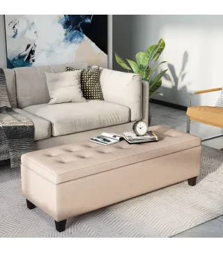 Banco de Almacenamiento Puff de Almacenaje Taburete Tapizado en Lino con Tapa Abatible para Entrada 125x49x41,5 cm Beige