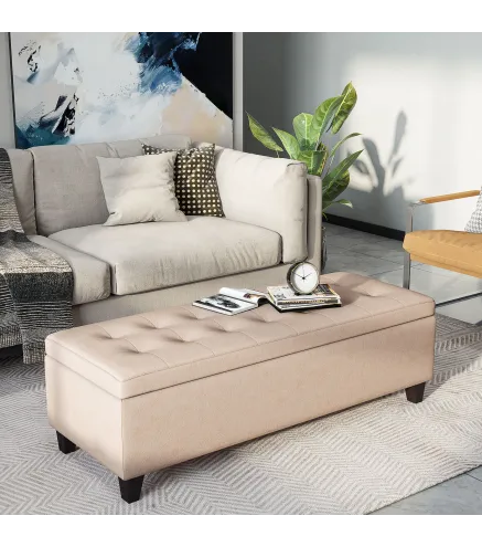 Banco de Almacenamiento Puff de Almacenaje Taburete Tapizado en Lino con Tapa Abatible para Entrada 125x49x41,5 cm Beige