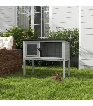 Conejera de Madera para Mascotas Pequeñas con Bandeja Extraíble y Techo Asfáltico 84x43x70 cm Gris y Negro