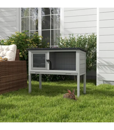 Conejera de Madera para Mascotas Pequeñas con Bandeja Extraíble y Techo Asfáltico 84x43x70 cm Gris y Negro