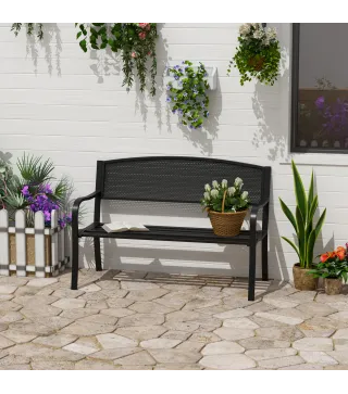 Banco Exterior de Jardín de 2 Plazas Banco para Terraza con Respaldo de Malla de Acero Carga 240 kg 127x60x87 cm Negro
