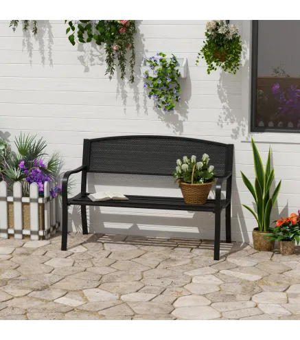 Banco Exterior de Jardín de 2 Plazas Banco para Terraza con Respaldo de Malla de Acero Carga 240 kg 127x60x87 cm Negro