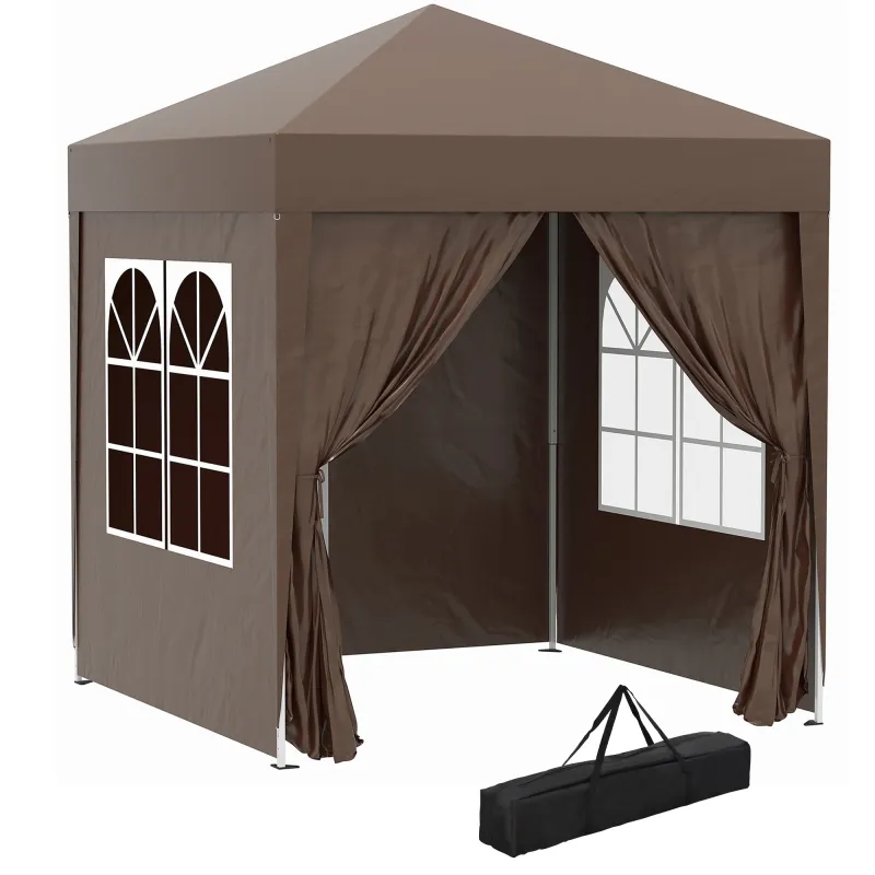 Carpa Plegable 2x2m Cenador de Jardín 4 Paredes Laterales Tela Oxford 2 Puertas 2 Ventanas Bolsa de Transporte Marrón