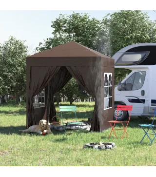 Carpa Plegable 2x2m Cenador de Jardín 4 Paredes Laterales Tela Oxford 2 Puertas 2 Ventanas Bolsa de Transporte Marrón
