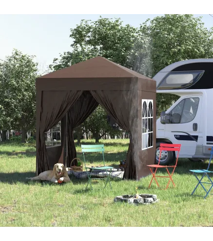 Carpa Plegable 2x2m Cenador de Jardín 4 Paredes Laterales Tela Oxford 2 Puertas 2 Ventanas Bolsa de Transporte Marrón