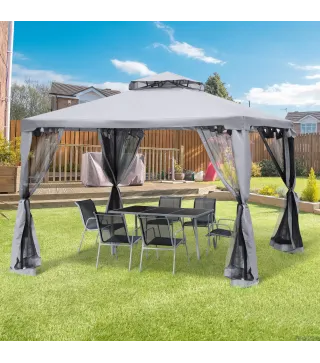 Pabellón de Exterior 3x3 m con Doble Techo de Ventilación 4 Cortinas 8 Orificios de Drenaje Gris