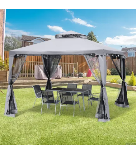 Pabellón de Exterior 3x3 m con Doble Techo de Ventilación 4 Cortinas 8 Orificios de Drenaje Gris