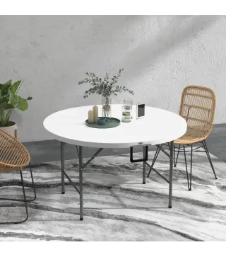 Mesa Auxiliar Redonda Mesa de Jardín Plegable con Marco de Acero y Encimera de HDPE Carga 80 kg Ø122x73 cm Blanco