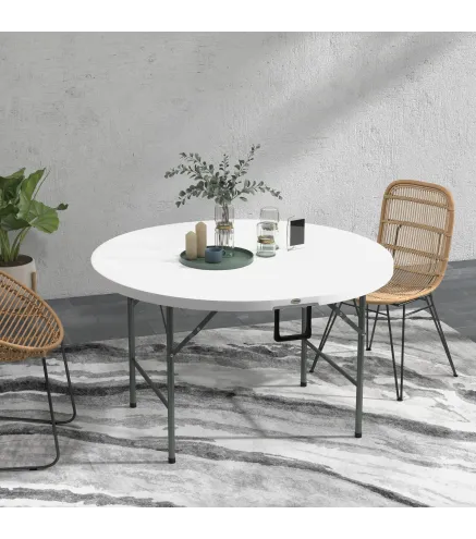 Mesa Auxiliar Redonda Mesa de Jardín Plegable con Marco de Acero y Encimera de HDPE Carga 80 kg Ø122x73 cm Blanco