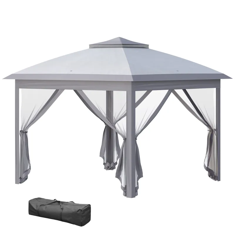 Carpa Plegable 3,3x3,3 m con Altura Ajustable Doble Techo 4 Mosquiteras Extraíbles y Bolsa de Transporte Anti-UV Gris