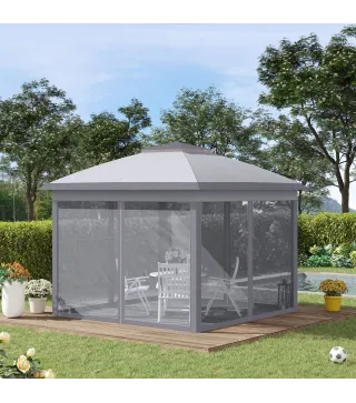 Carpa Plegable 3,3x3,3 m con Altura Ajustable Doble Techo 4 Mosquiteras Extraíbles y Bolsa de Transporte Anti-UV Gris