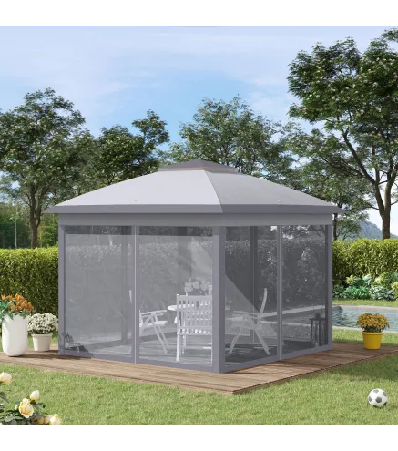 Carpa Plegable 3,3x3,3 m con Altura Ajustable Doble Techo 4 Mosquiteras Extraíbles y Bolsa de Transporte Anti-UV Gris