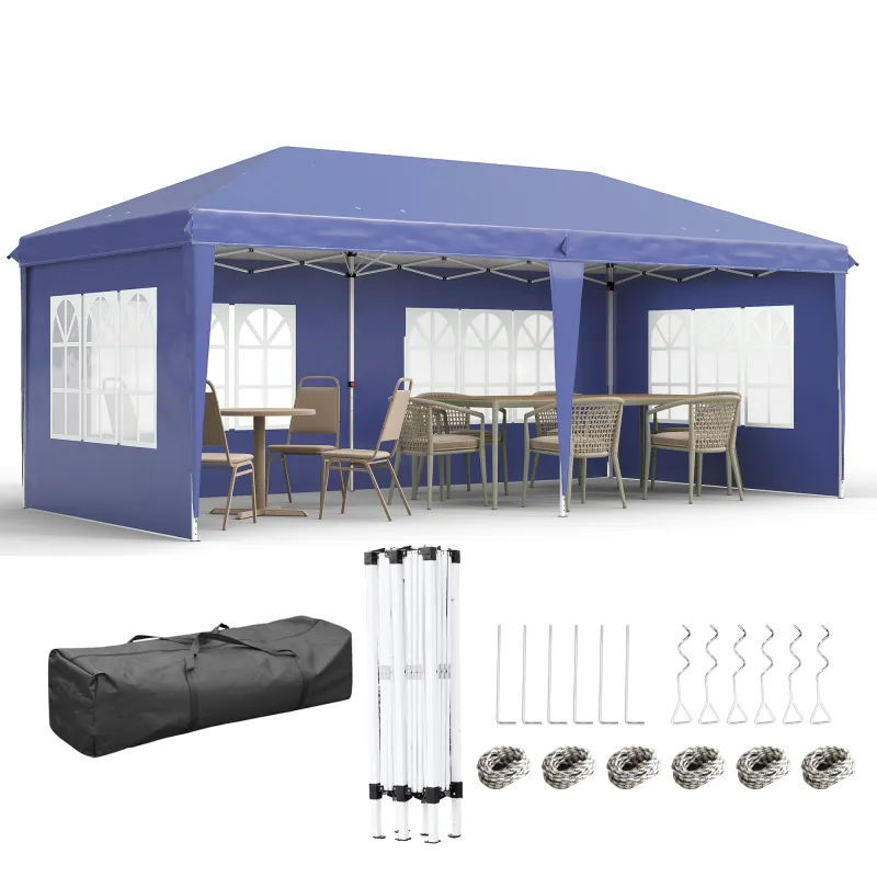 Carpa Plegable 6x3 m con 4 Laterales Desmontables Cenador de Jardín con 4 Ventanas Visibles y Bolsa de Transporte Azul Carpa Plegable 6x3 m con 4 Laterales Desmontables Cenador de Jardín con 4 Ventanas Visibles y Bolsa de Transporte Azul