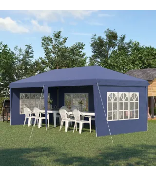 Carpa Plegable 6x3 m con 4 Laterales Desmontables Cenador de Jardín con 4 Ventanas Visibles y Bolsa de Transporte Azul