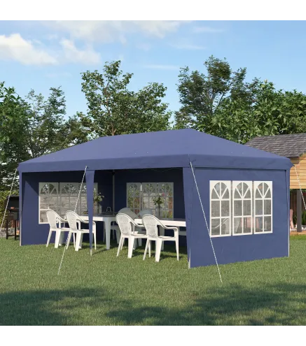 Carpa Plegable 6x3 m con 4 Laterales Desmontables Cenador de Jardín con 4 Ventanas Visibles y Bolsa de Transporte Azul
