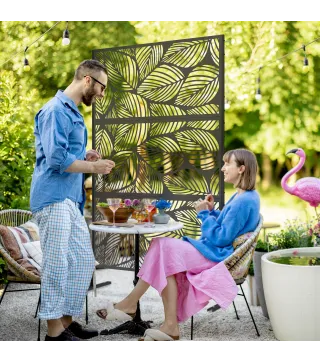 Separador de Ambientes con 3 Piezas Patrón de Hoja Grande Pantalla de Privacidad de Acero 122x45x198 cm Negro