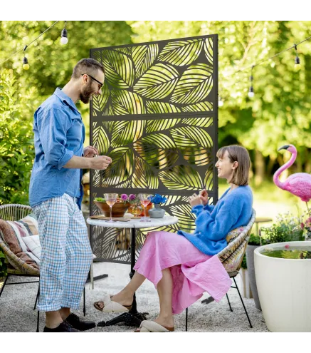 Separador de Ambientes con 3 Piezas Patrón de Hoja Grande Pantalla de Privacidad de Acero 122x45x198 cm Negro