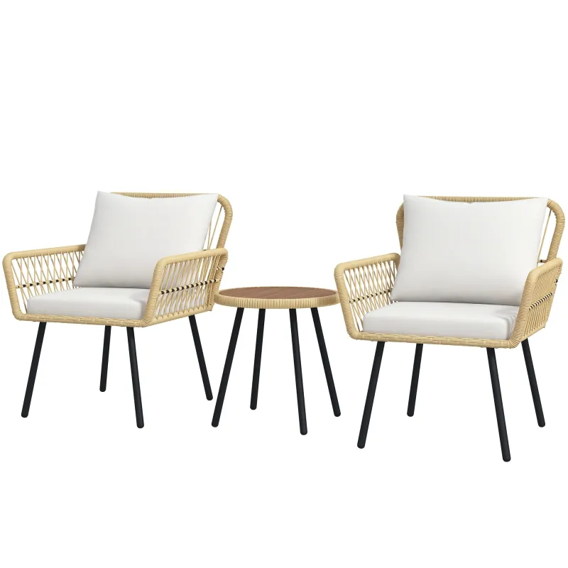 Juego de 3 Piezas Sillas y Mesa de Ratán PE con 2 Sillas 1 Mesa de Centro Redonda y Cojines para Terraza Balcón Natural