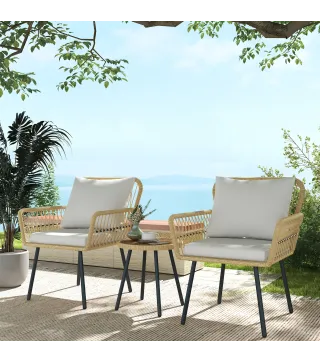 Juego de 3 Piezas Sillas y Mesa de Ratán PE con 2 Sillas 1 Mesa de Centro Redonda y Cojines para Terraza Balcón Natural