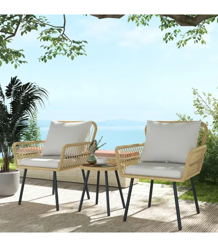 Juego de 3 Piezas Sillas y Mesa de Ratán PE con 2 Sillas 1 Mesa de Centro Redonda y Cojines para Terraza Balcón Natural