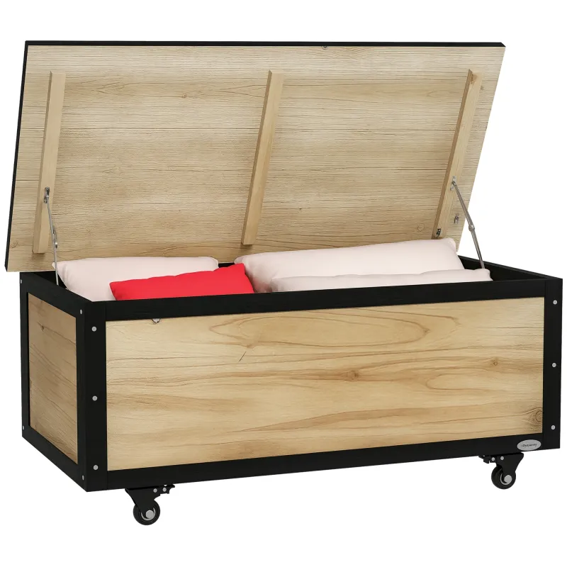 Baúl de Exterior de Madera con 4 Ruedas para Jardín Patio Balcón 100x50x43 cm Natural y Negro Baúl de Exterior de Madera con 4 Ruedas para Jardín Patio Balcón 100x50x43 cm Natural y Negro