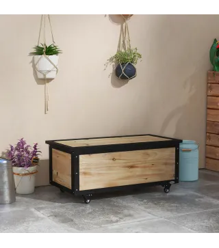 Baúl de Exterior de Madera con 4 Ruedas para Jardín Patio Balcón 100x50x43 cm Natural y Negro