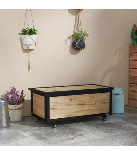 Baúl de Exterior de Madera con 4 Ruedas para Jardín Patio Balcón 100x50x43 cm Natural y Negro