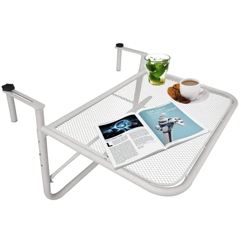 Mesa Colgante de Balcón con Brazo Regulable y Altura Ajustable en 3 Posiciones Marco Metálico 60x56x50 cm Blanco Mesa Colgante de Balcón con Brazo Regulable y Altura Ajustable en 3 Posiciones Marco Metálico 60x56x50 cm Blanco