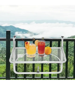 Mesa Colgante de Balcón con Brazo Regulable y Altura Ajustable en 3 Posiciones Marco Metálico 60x56x50 cm Blanco