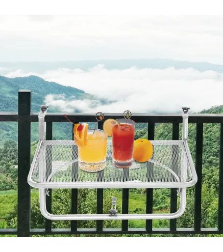 Mesa Colgante de Balcón con Brazo Regulable y Altura Ajustable en 3 Posiciones Marco Metálico 60x56x50 cm Blanco