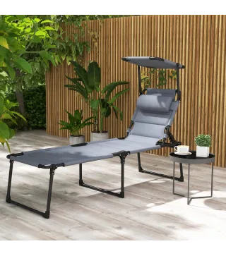 Tumbona de Jardín con Toldo Ajustable Respaldo Regulable en 4 Niveles Reposacabezas para Terraza 70x200x45 cm Gris