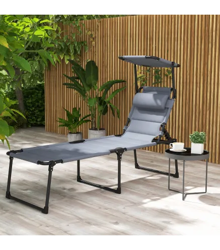 Tumbona de Jardín con Toldo Ajustable Respaldo Regulable en 4 Niveles Reposacabezas para Terraza 70x200x45 cm Gris