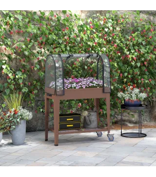 Huerto Urbano Elevado 80x40x120 cm con Cubierta de Invernadero y Estante Inferior para Cultivo Plantas Flores Marrón