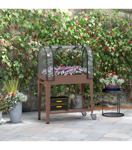 Huerto Urbano Elevado 80x40x120 cm con Cubierta de Invernadero y Estante Inferior para Cultivo Plantas Flores Marrón