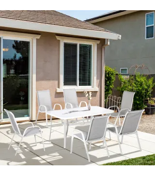 Juego de Mesa y 6 Sillas para Terraza con Orificio para Sombrilla y Encimera de Cristal para Terraza Patio Gris