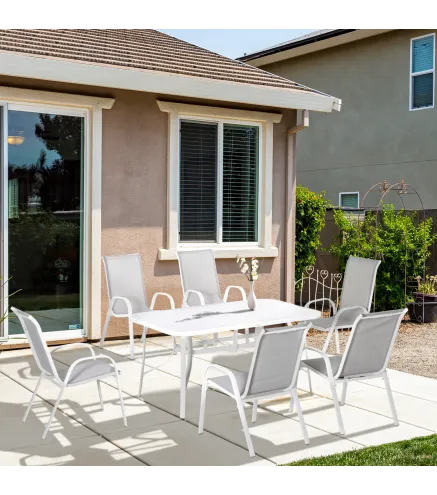 Juego de Mesa y 6 Sillas para Terraza con Orificio para Sombrilla y Encimera de Cristal para Terraza Patio Gris