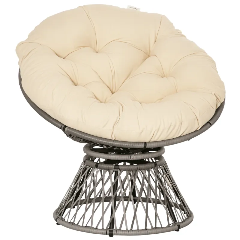 Sillón Papasan Giratorio de Ratán Sintético con Cojín Carga 160 kg para Exterior Jardín Terraza 87x97x86 cm Gris y Crema