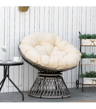Sillón Papasan Giratorio de Ratán Sintético con Cojín Carga 160 kg para Exterior Jardín Terraza 87x97x86 cm Gris y Crema