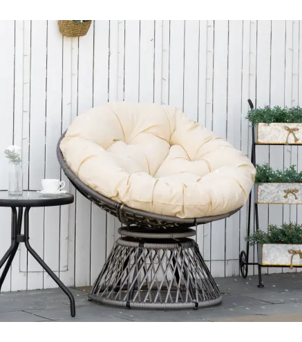 Sillón Papasan Giratorio de Ratán Sintético con Cojín Carga 160 kg para Exterior Jardín Terraza 87x97x86 cm Gris y Crema
