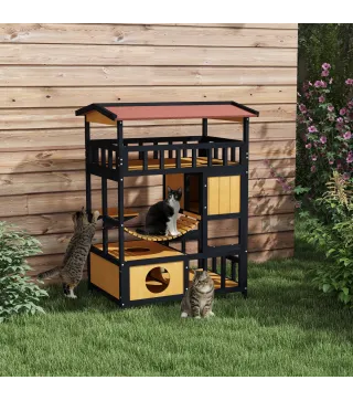Casa para Gatos de 4 Niveles 84x60x116 cm Refugio para Gatos con Puente Colgante Balcón y Techo Asfáltico Natural