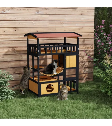 Casa para Gatos de 4 Niveles 84x60x116 cm Refugio para Gatos con Puente Colgante Balcón y Techo Asfáltico Natural