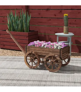Jardinera de Madera Exterior en Forma de Carrito con 4 Ruedas y Mango para Balcón Jardín Patio 120x41x54 cm Carbonizado
