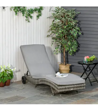 Tumbona de Jardín en Forma de S con 2 Ruedas Respaldo Ajustable en 5 Posiciones y Cojín Extraíble 207x70x70 cm Gris