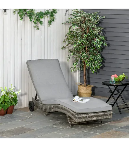Tumbona de Jardín en Forma de S con 2 Ruedas Respaldo Ajustable en 5 Posiciones y Cojín Extraíble 207x70x70 cm Gris