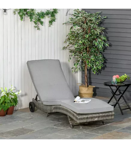 Tumbona de Jardín en Forma de S con 2 Ruedas Respaldo Ajustable en 5 Posiciones y Cojín Extraíble 207x70x70 cm Gris